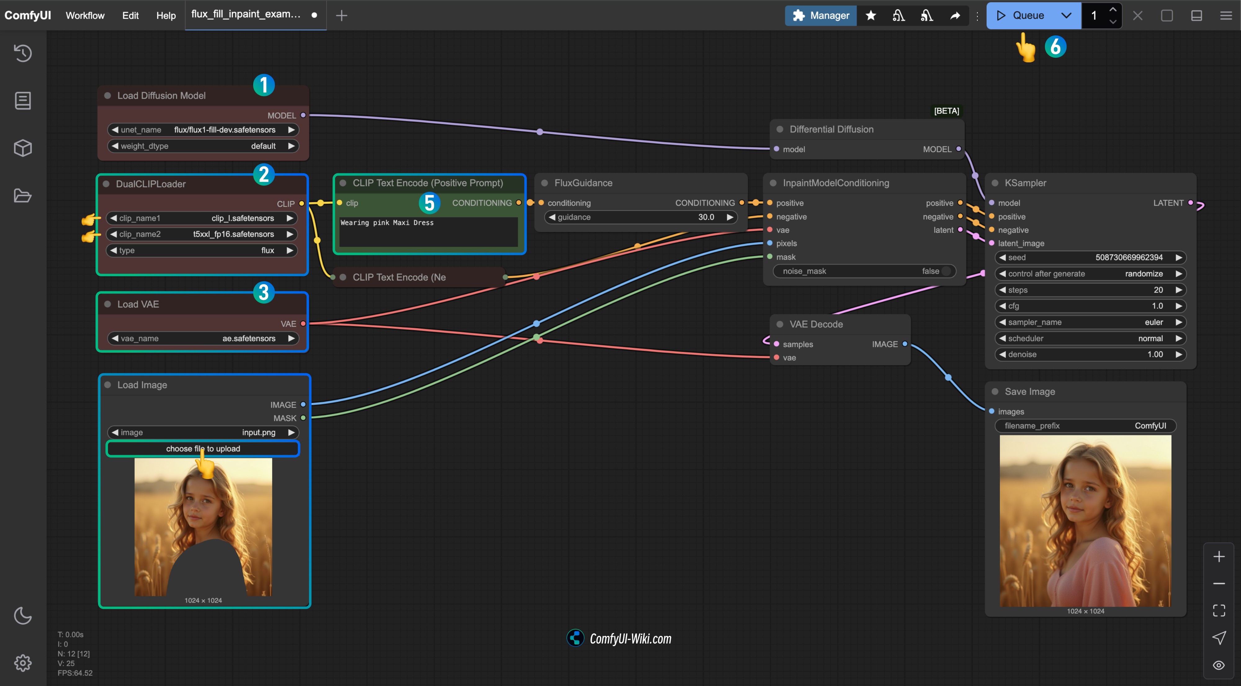 ComfyUI Flux Fill Inpainting Workflow Step Diagram