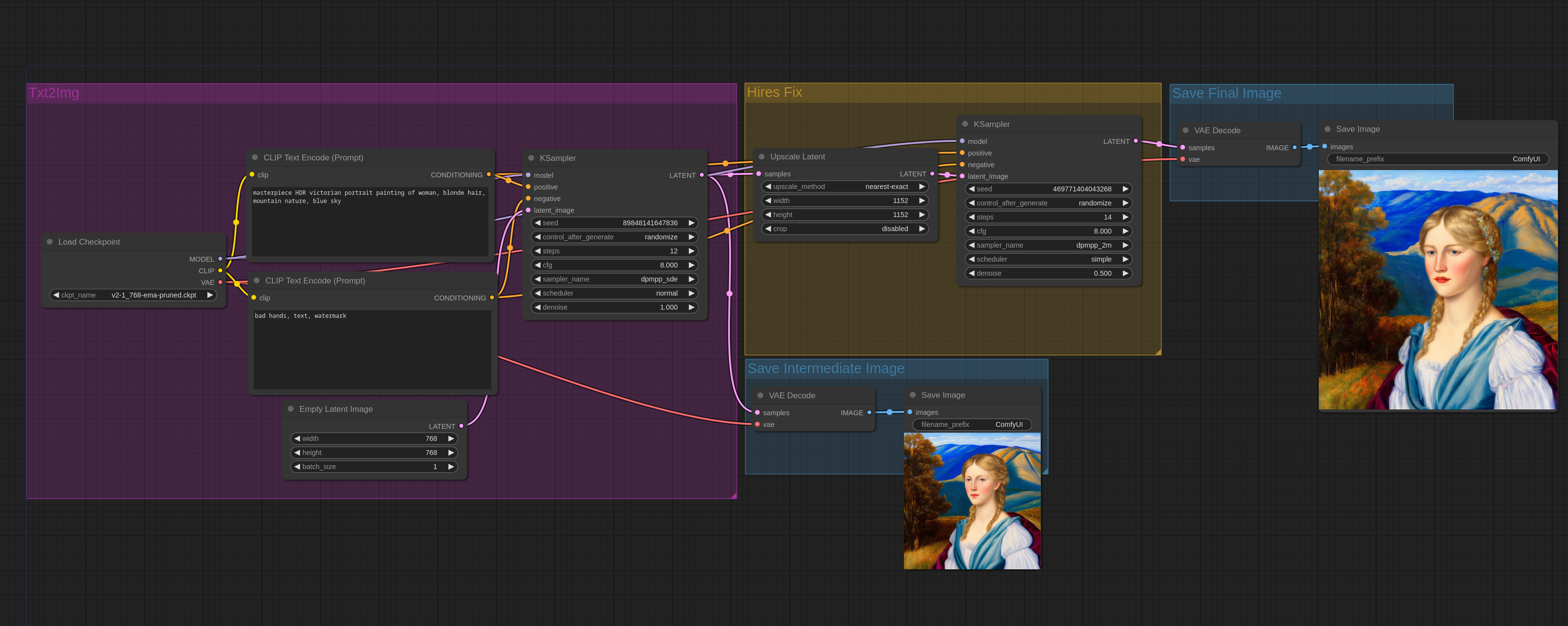 Exemple de flux de travail ComfyUI pour 2 Pass Txt2Img (Hires fix)